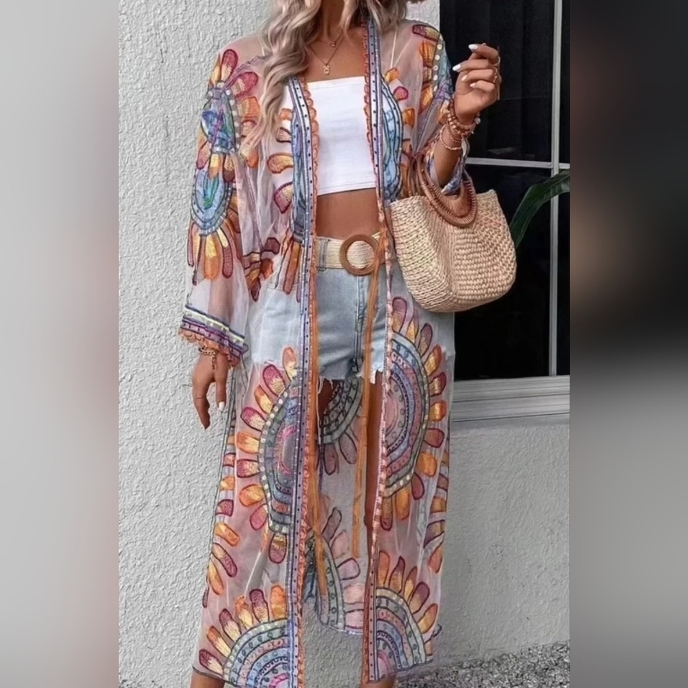 NWT Boho Embroidered Sheer Coverup / Duster /Kimono - Picture 2 of 10